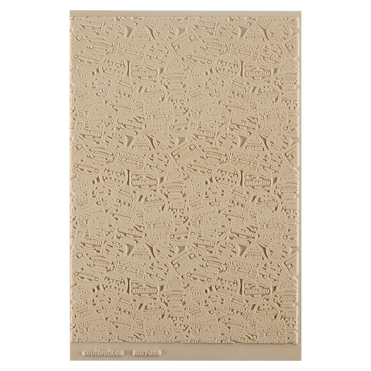 Mega Texture Tile - Bon Voyage. Use to impress texture in soft clays. Mega Texture Tiles are perfect for projects both large and small. Mega Tiles measure 9-1/4" x 6" and are about 7 times larger than Texture Tiles. These textures are flexible, washable and can be used with any soft clay.