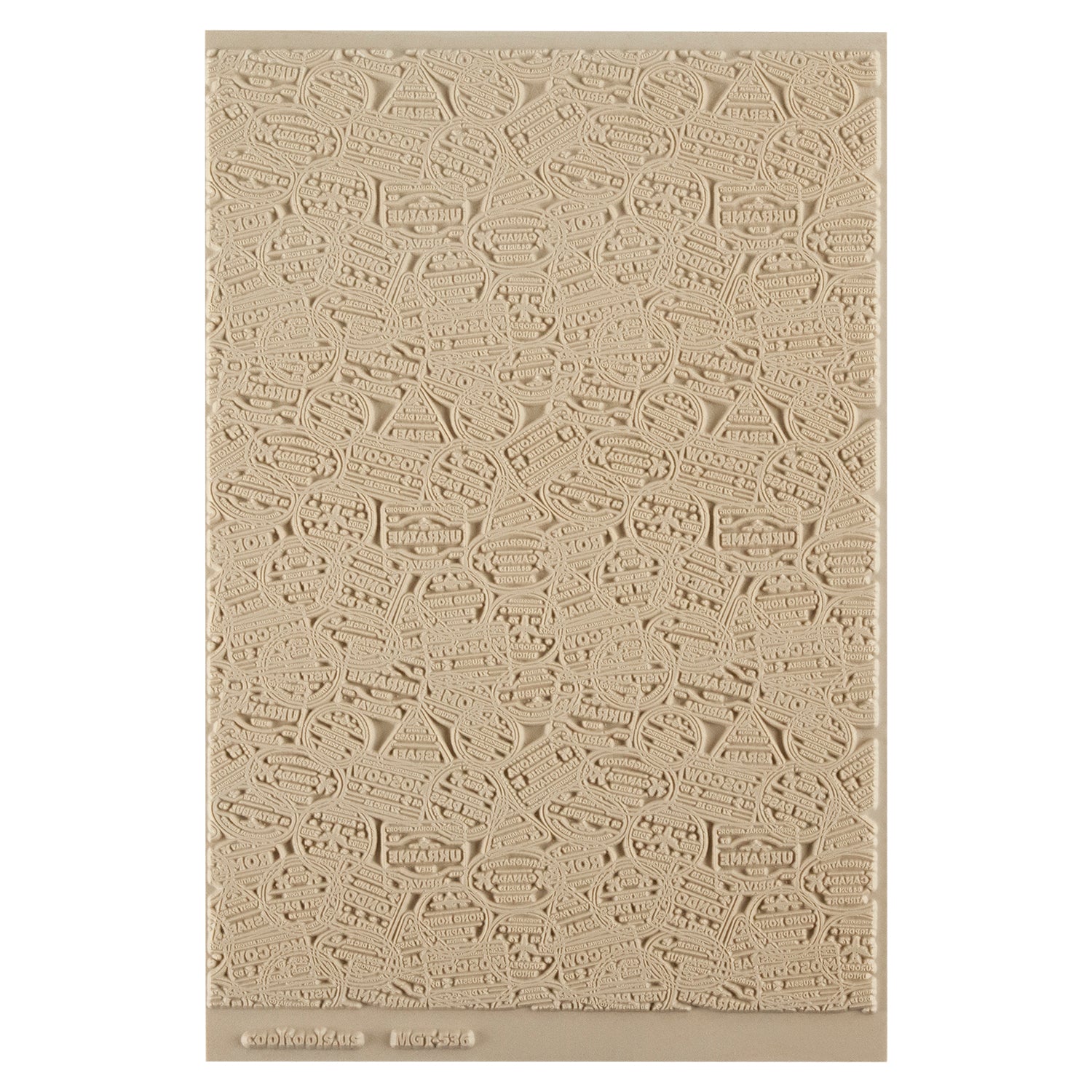 Mega Texture Tile - Bon Voyage. Use to impress texture in soft clays. Mega Texture Tiles are perfect for projects both large and small. Mega Tiles measure 9-1/4" x 6" and are about 7 times larger than Texture Tiles. These textures are flexible, washable and can be used with any soft clay.