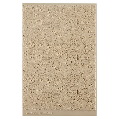 Mega Texture Tile - Bon Voyage. Use to impress texture in soft clays. Mega Texture Tiles are perfect for projects both large and small. Mega Tiles measure 9-1/4" x 6" and are about 7 times larger than Texture Tiles. These textures are flexible, washable and can be used with any soft clay.