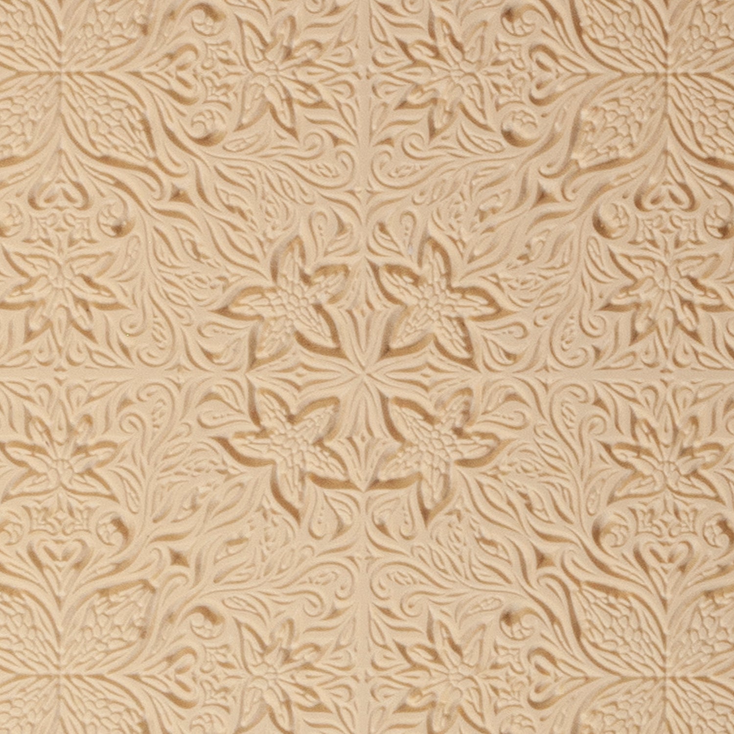 Mega Texture Tile - Woodcut Floral Embossed. Use to impress texture in soft clays. Mega Texture Tiles are perfect for projects both large and small. Mega Tiles measure 9-1/4" x 6" and are about 7 times larger than Texture Tiles. These textures are flexible, washable and can be used with any soft clay.