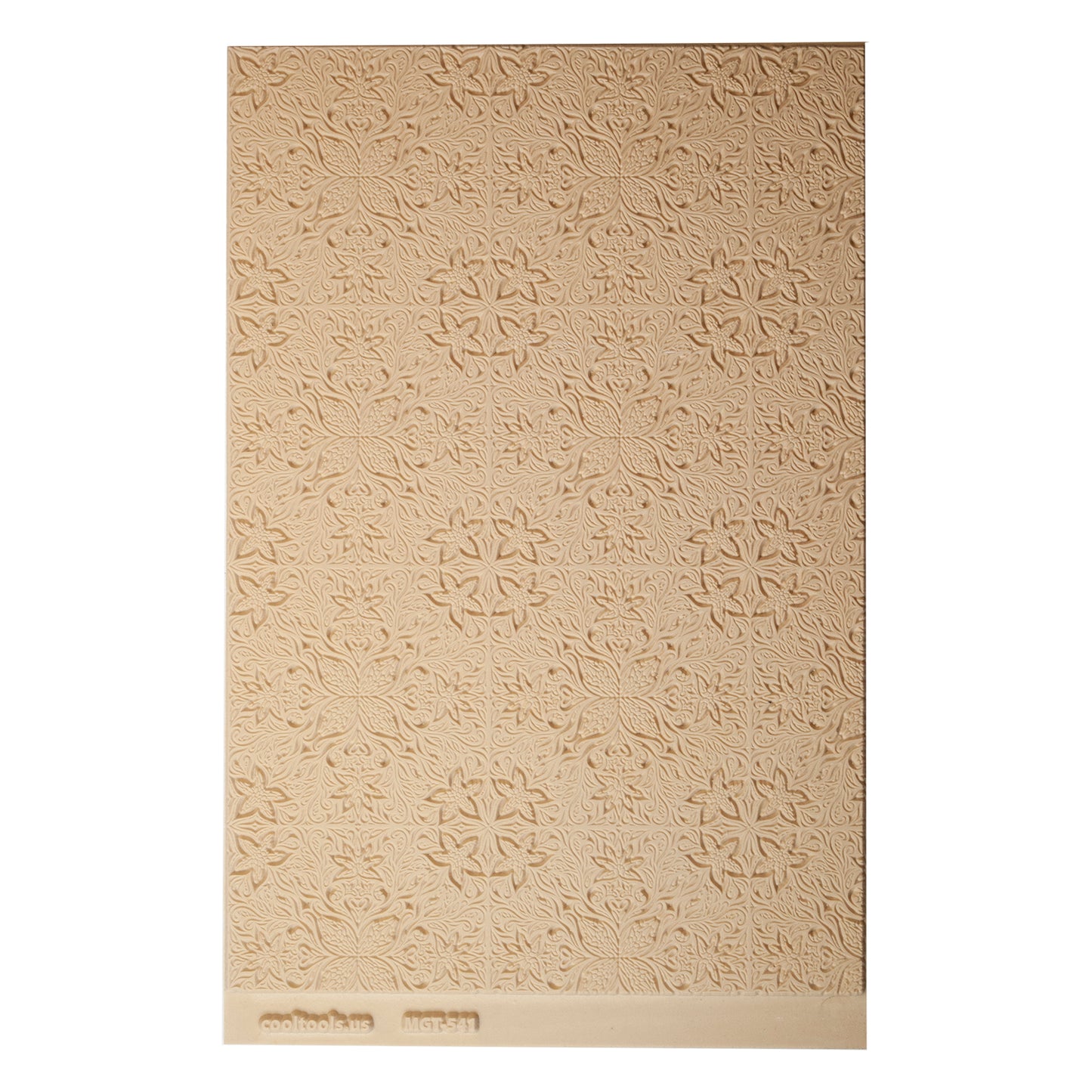 Mega Texture Tile - Woodcut Floral Embossed. Use to impress texture in soft clays. Mega Texture Tiles are perfect for projects both large and small. Mega Tiles measure 9-1/4" x 6" and are about 7 times larger than Texture Tiles. These textures are flexible, washable and can be used with any soft clay.