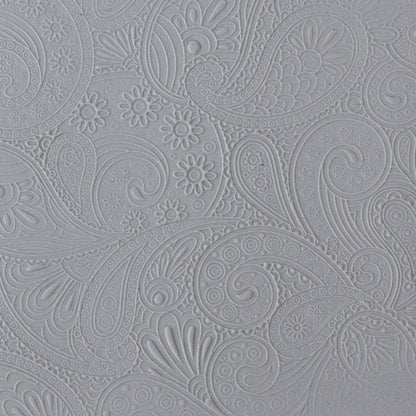sample in clay of Mega Texture Tile - Waves of Paisley Embossed. Use to impress texture in soft clays. Mega Texture Tiles are perfect for projects both large and small. Mega Tiles measure 9-1/4" x 6" and are about 7 times larger than Texture Tiles. These textures are flexible, washable and can be used with any soft clay.