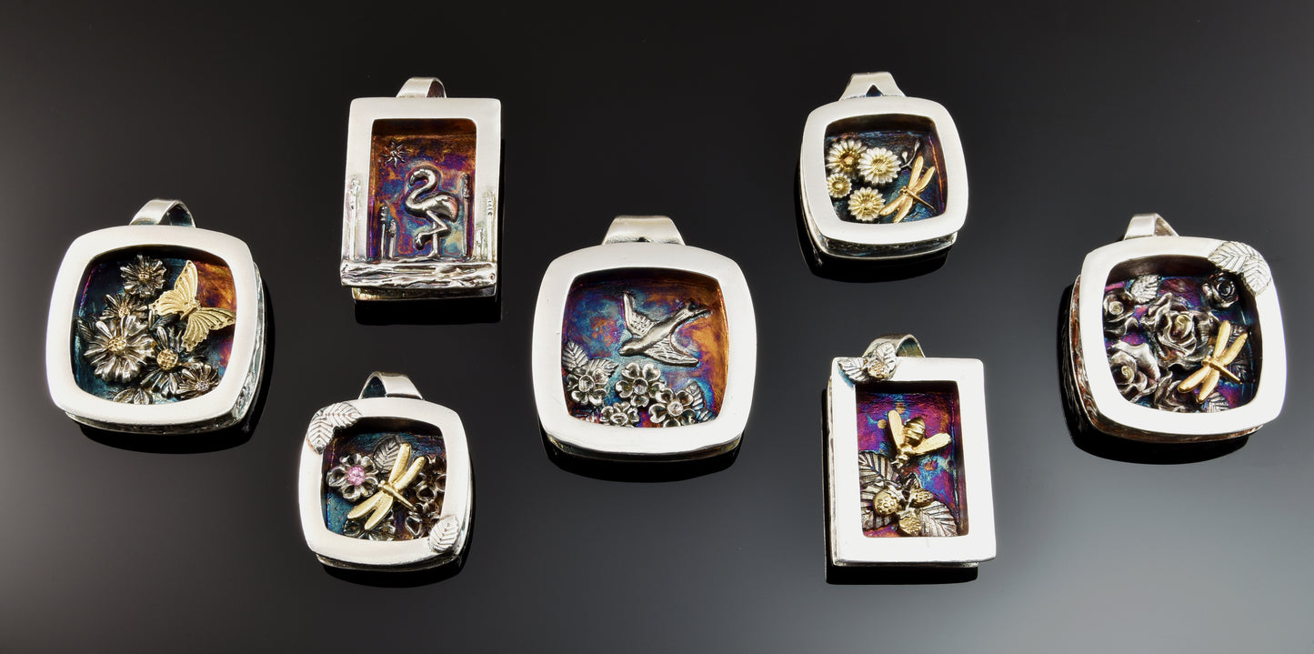 Pam East Template - Large Rounded Square Box enameled silver pendants