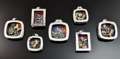 Pam East Template - Large Rounded Square Box enameled silver pendants