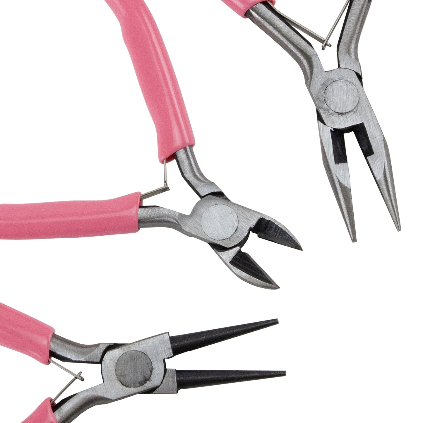 3 Piece Steel Plier Set - Round Nose, Side Cutter & Wire Cutting Round Nose with pink grips