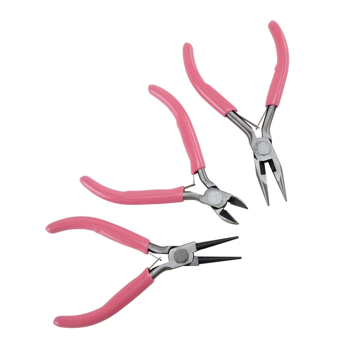 3 Piece Steel Plier Set - Round Nose, Side Cutter & Wire Cutting Round Nose with pink grips