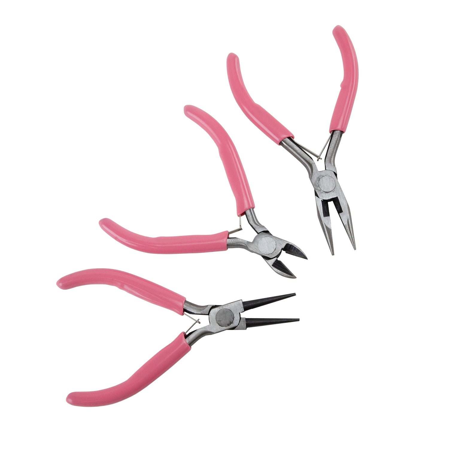 3 Piece Steel Plier Set - Round Nose, Side Cutter & Wire Cutting Round Nose with pink grips