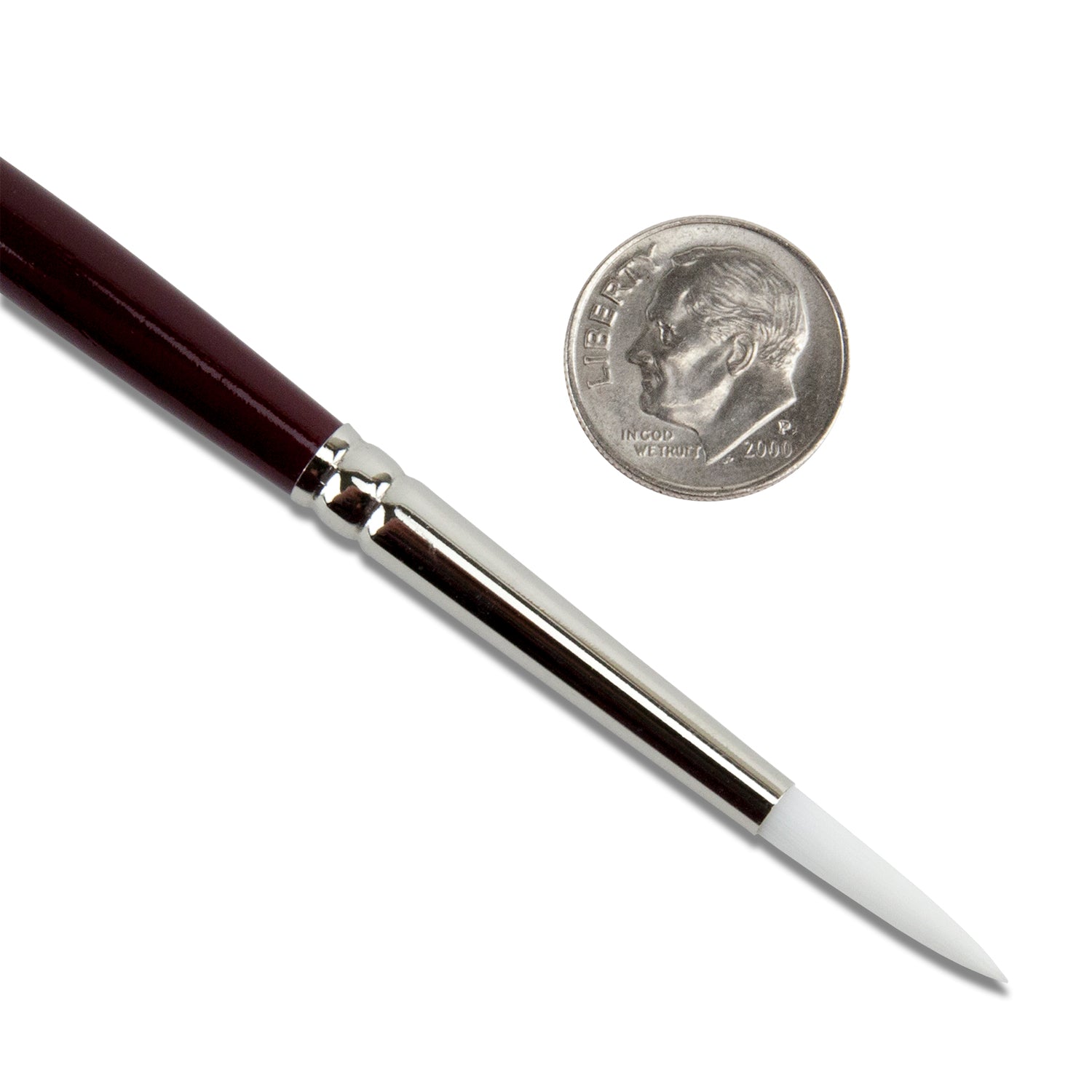 Synthetic Taklon Brush #6  with dime For any number of metal clay tasks. For applying patinas, this is the perfect brush. You can use the tip to apply to select areas or mop over broader areas. Taklon hairs are glued and crimped into the seamless aluminum ferrule for a long lasting brush that will not go bald. Dark maroon lacquered handle.