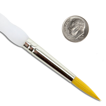 Royal Soft-Grip™ Taklon Brush Round #8  with dime Comfort meets function in this selection of appealing and durable brushes that feature the original no-slip soft rubber grip on it's clear acrylic handle. The multi-diameter synthetic filament maintains fine points, spring and sharp edges. Royal brushes are easy to manipulate making this perfect for working with wet metal clay or applying patina, alcohol ink, paints, etc.