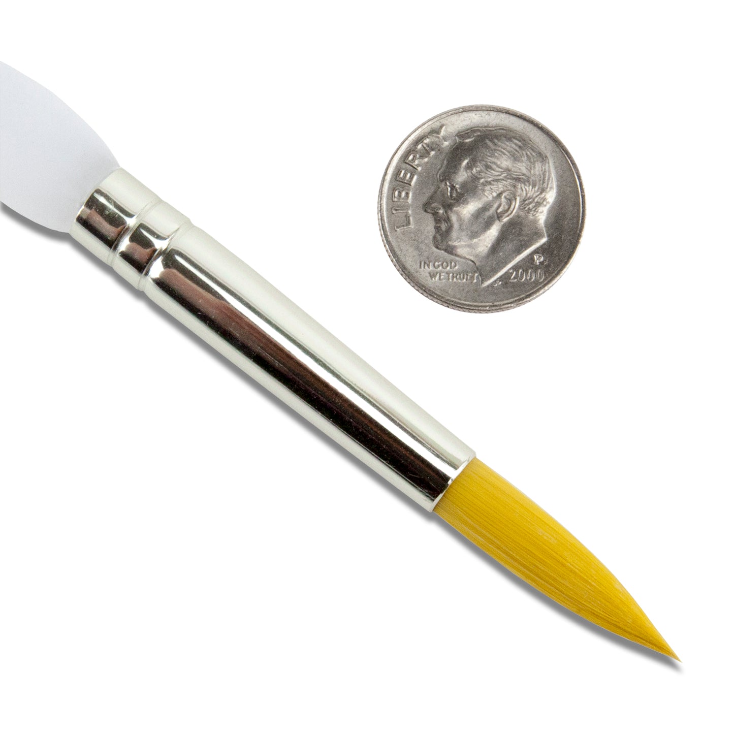 Royal Soft-Grip™ Taklon Brush Round #10 with dime  Comfort meets function in this selection of appealing and durable brushes that feature the original no-slip soft rubber grip on its clear acrylic handle. The multi-diameter synthetic filament maintains fine points, spring and sharp edges. Royal brushes are easy to manipulate making this perfect for working with we metal clay or applying patina, paint, alcohol inks, etc.