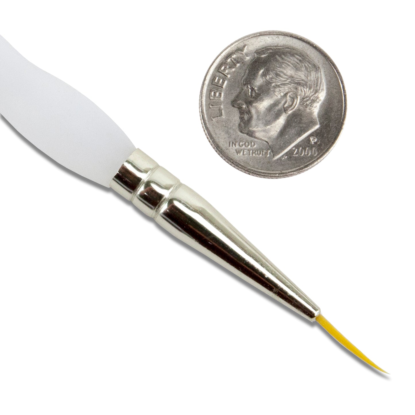 Royal Soft-Grip™ Taklon Brush Script Liner #20/0 with dime

Comfort meets function in this selection of appealing and durable brushes that feature the original no-slip soft rubber grip on it's clear acrylic handle. Royal brushes are easy to manipulate making this perfect for working with wet metal clay or applying patina in small spaces. The multi-diameter synthetic filament maintains fine points, spring and sharp edges.&nbsp;Use to apply and manipulate enamels when wet packing.