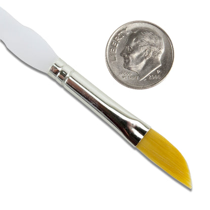 Royal Soft-Grip™ Taklon Brush Angled 1/4"
with dime
Comfort&nbsp;meets function in this selection of appealing and durable brushes that feature the original no-slip soft rubber grip on it's clear acrylic handle. The multi-diameter synthetic filament maintains fine points, spring and sharp edges.&nbsp;Royal brushes are easy to manipulate making this perfect for working with we metal clay or applying patina, alcohol ink, paints, etc.&nbsp;Angle brush works great in small gaps and spaces.