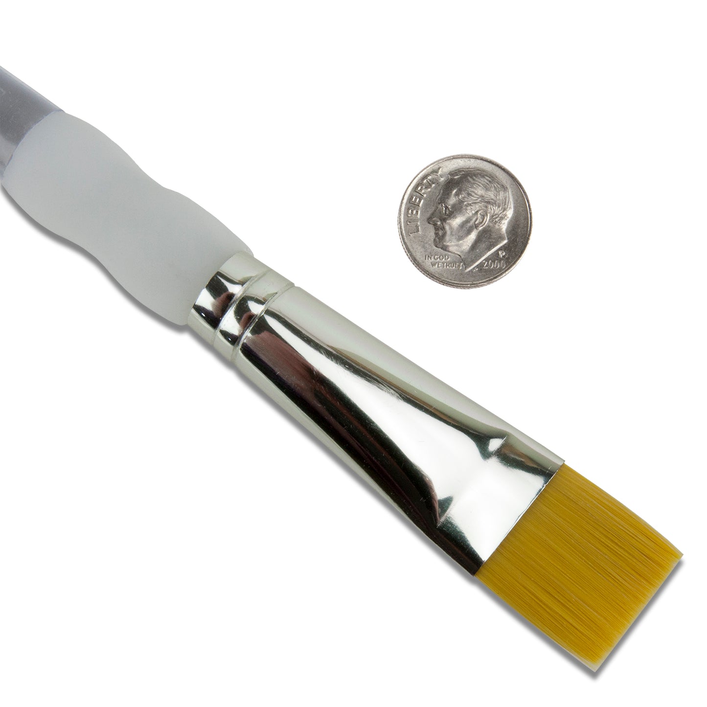 Royal Soft-Grip™ Taklon Brush Wide 3/4"
with dime
Comfort meets function in this selection of appealing and durable brushes that feature the original no-slip soft rubber grip on it's clear acrylic handle. Use as a dusting brush on greenware projects. The multi-diameter synthetic filament maintains fine points, spring and sharp edges.&nbsp; A must have on your work bench!