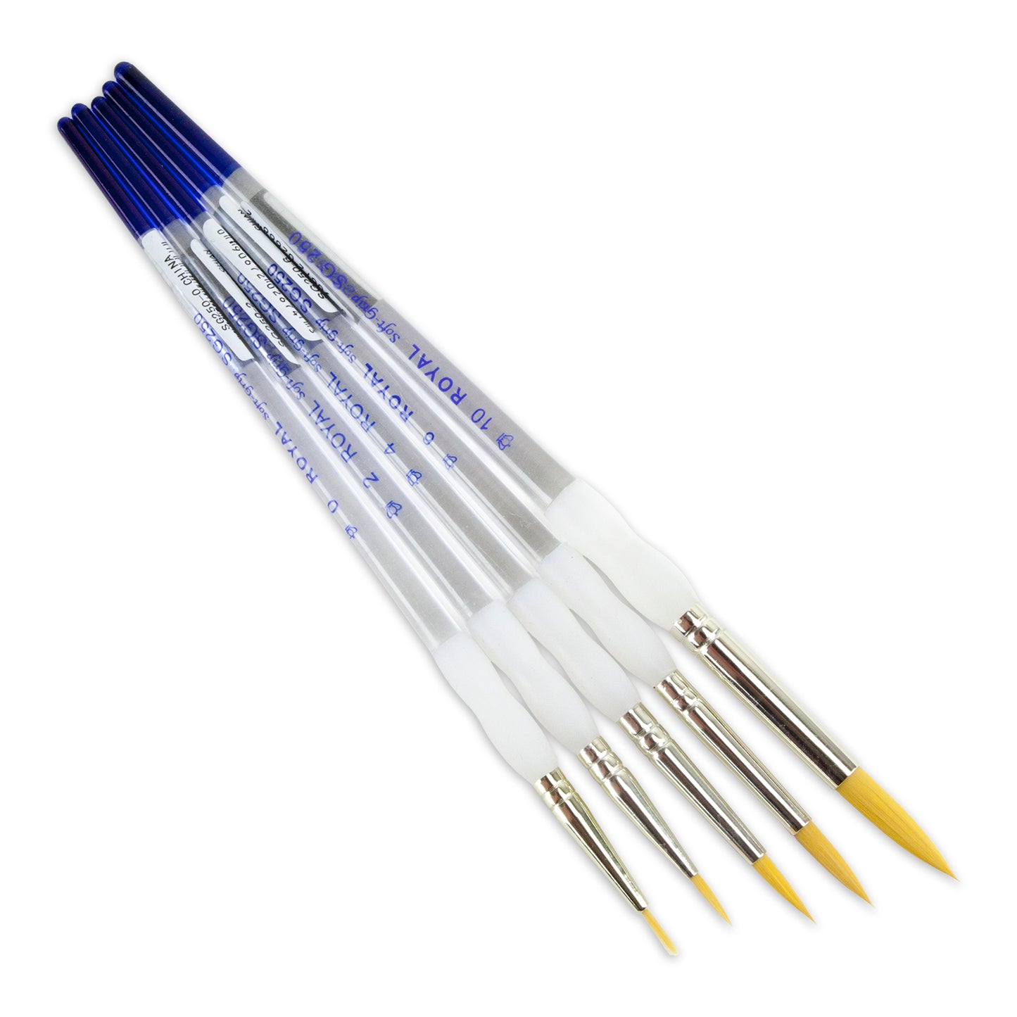 Royal Soft-Grip™ Rounds 5 Piece Brush Set

Comfort&nbsp;meets function in this selection of appealing and durable brushes that feature the original no-slip soft rubber grip on its clear acrylic handle.&nbsp;Set of 5 round brushes, sizes #0, 2, 4, 6 and 10.