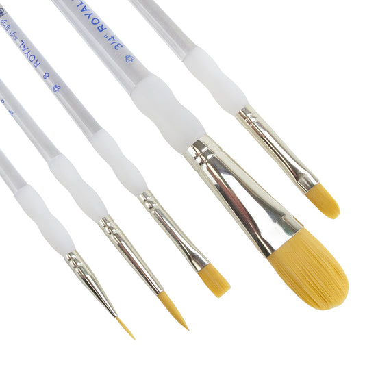 Royal Soft-Grip™ Rounds 5 Piece Brush Set Comfort meets function in this selection of appealing and durable brushes that feature the original no-slip soft rubber grip on its clear acrylic handle. The multi-diameter synthetic filament maintains fine points, spring and sharp edges. Set of 5 brushes:   Script #20/0 Round #5 Oval 3/4" Filbert #8 Shader #8