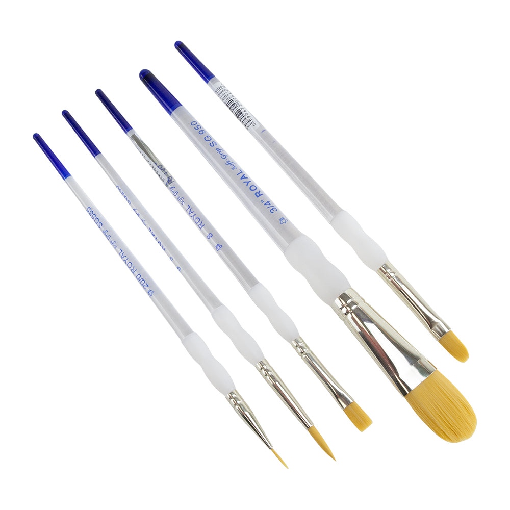 Royal Soft-Grip™ Rounds 5 Piece Brush Set Comfort meets function in this selection of appealing and durable brushes that feature the original no-slip soft rubber grip on its clear acrylic handle. The multi-diameter synthetic filament maintains fine points, spring and sharp edges. Set of 5 brushes:   Script #20/0 Round #5 Oval 3/4" Filbert #8 Shader #8