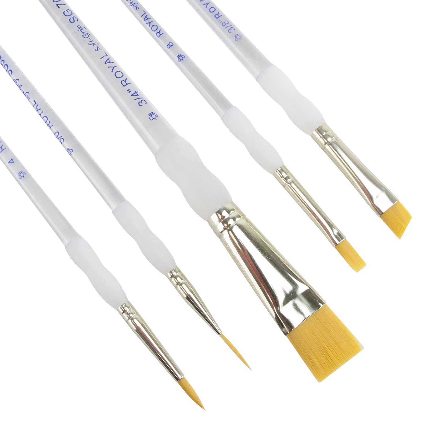 Royal Soft-Grip™ Rounds 5 Piece Brush Set Comfort meets function in this selection of appealing and durable brushes that feature the original no-slip soft rubber grip on its clear acrylic handle. The multi-diameter synthetic filament maintains fine points, spring and sharp edges. Set of 5 brushes:   Shader #8 Angular 3/8" Glaze Wash 3/4" Round #4 Script #5/0