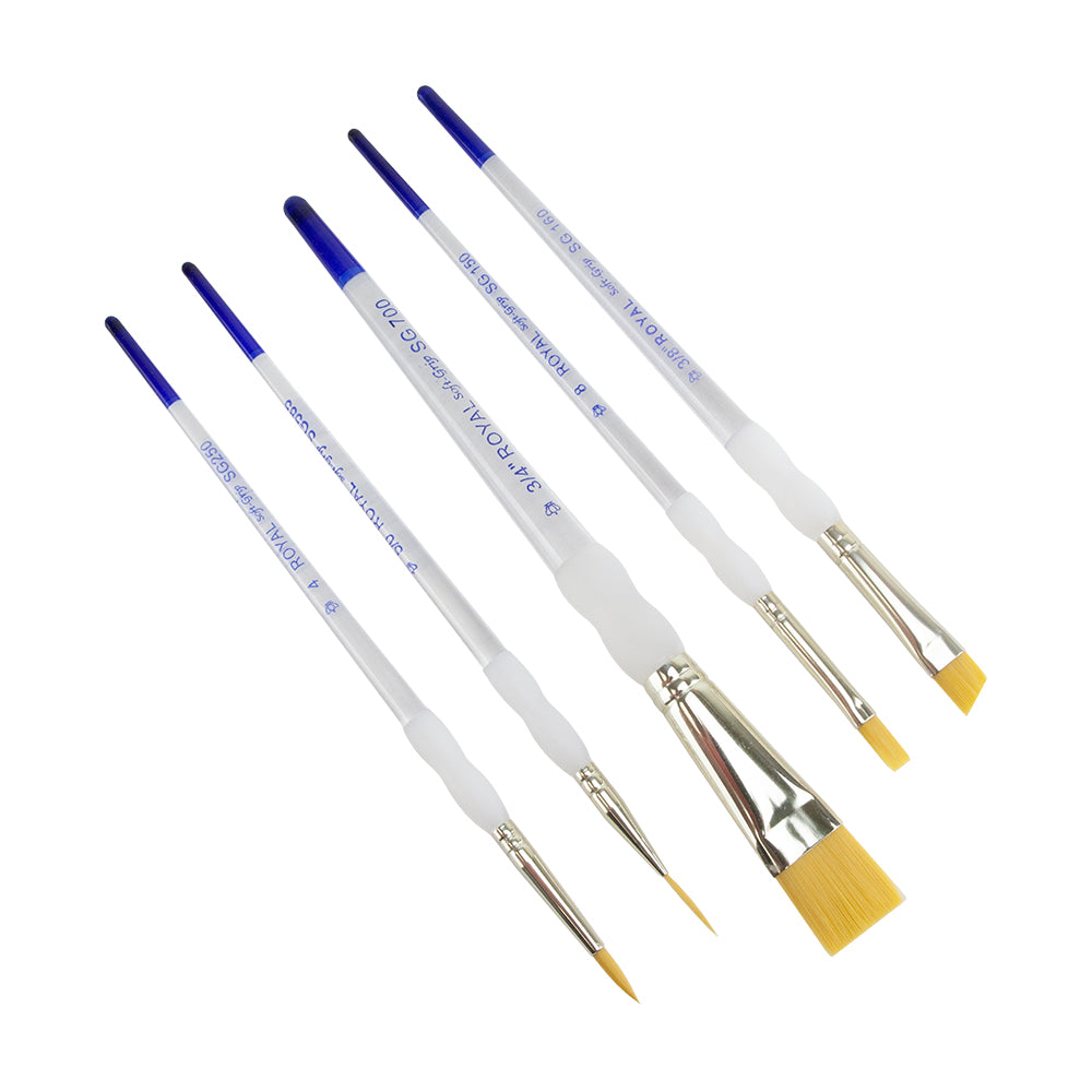 Royal Soft-Grip™ Rounds 5 Piece Brush Set Comfort meets function in this selection of appealing and durable brushes that feature the original no-slip soft rubber grip on its clear acrylic handle. The multi-diameter synthetic filament maintains fine points, spring and sharp edges. Set of 5 brushes:   Shader #8 Angular 3/8" Glaze Wash 3/4" Round #4 Script #5/0