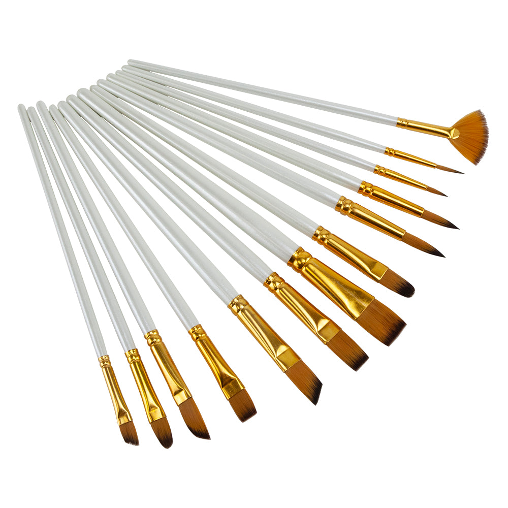 nylon brush set of 13 Economy Artist Brushes - Set of 13 This assortment of brushes includes a variety of sized brushes and types. Flat, angle and round. Each brush features a wood handle and gold aluminum. Nylon brush.