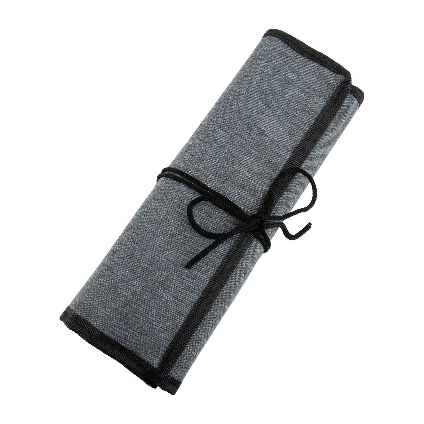 Gray fabric roll with black trim on a white background
