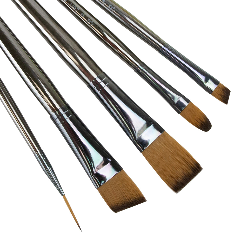 Zen™ Flat Assorted 5 Piece Brush Set Zen Series 43 is comprised of multi-diameter synthetic filaments designed to replicate natural hair and is ideal for all paint media types. They offer optimal absorbency and versatility, while requiring minimal maintenance. Their resilient synthetic hair maintains spring and fine points. The ultra-metallic, silver ABS handles can soak in water without swelling, cracking or chipping. Set of 5 brushes:   Flat #12 Filbert #8 Angular #2 Angular #8 Round #1