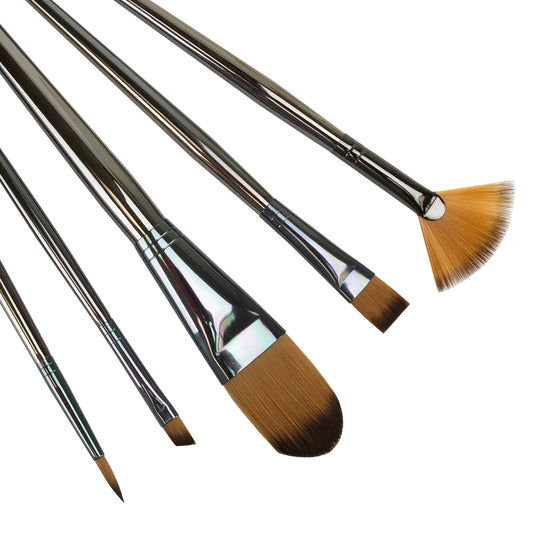 Zen™ Oval Wash Assorted 5 Piece Brush Set Zen Series 43 is comprised of multi-diameter synthetic filaments designed to replicate natural hair and is ideal for all paint media types. They offer optimal absorbency and versatility, while requiring minimal maintenance. Their resilient synthetic hair maintains spring and fine points. The ultra-metallic, silver ABS long handles can soak in water without swelling, cracking or chipping. Set of 5 brushes:   Filbert #2 Filbert #12 Fan #6 Bright #1 Bright #6