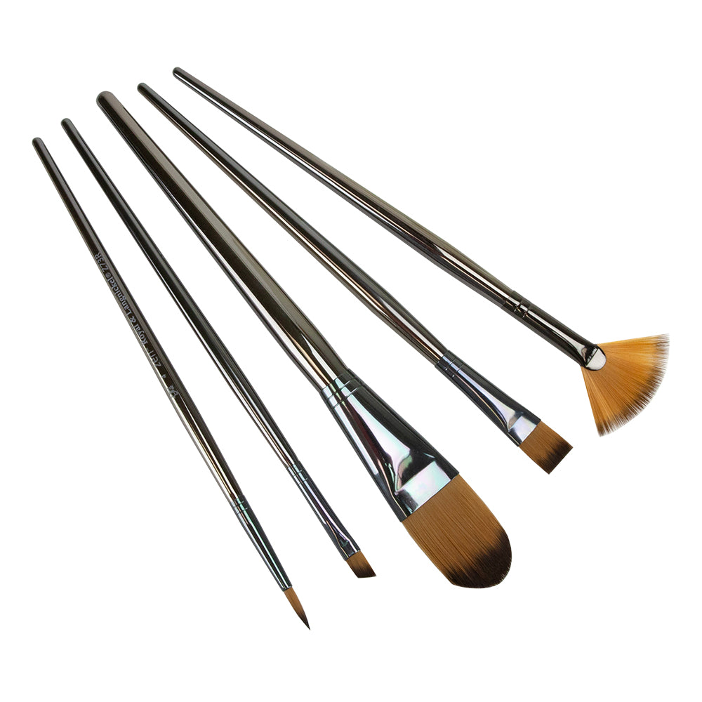 Zen™ Oval Wash Assorted 5 Piece Brush Set Zen Series 43 is comprised of multi-diameter synthetic filaments designed to replicate natural hair and is ideal for all paint media types. They offer optimal absorbency and versatility, while requiring minimal maintenance. Their resilient synthetic hair maintains spring and fine points. The ultra-metallic, silver ABS long handles can soak in water without swelling, cracking or chipping. Set of 5 brushes:   Filbert #2 Filbert #12 Fan #6 Bright #1 Bright #6