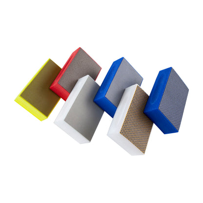 6 different Flexible Diamond Hand Lap in various colors and grist - Flexible metal bonded diamond laminated to a lightweight foam hand block