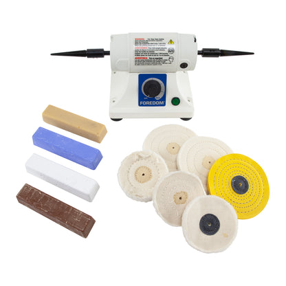 Bench Lathe with Tapered Spindles Kit Includes
Bars of Tripoli
Platinum White and Blue
2 4" Buffs
4 3" Buffs