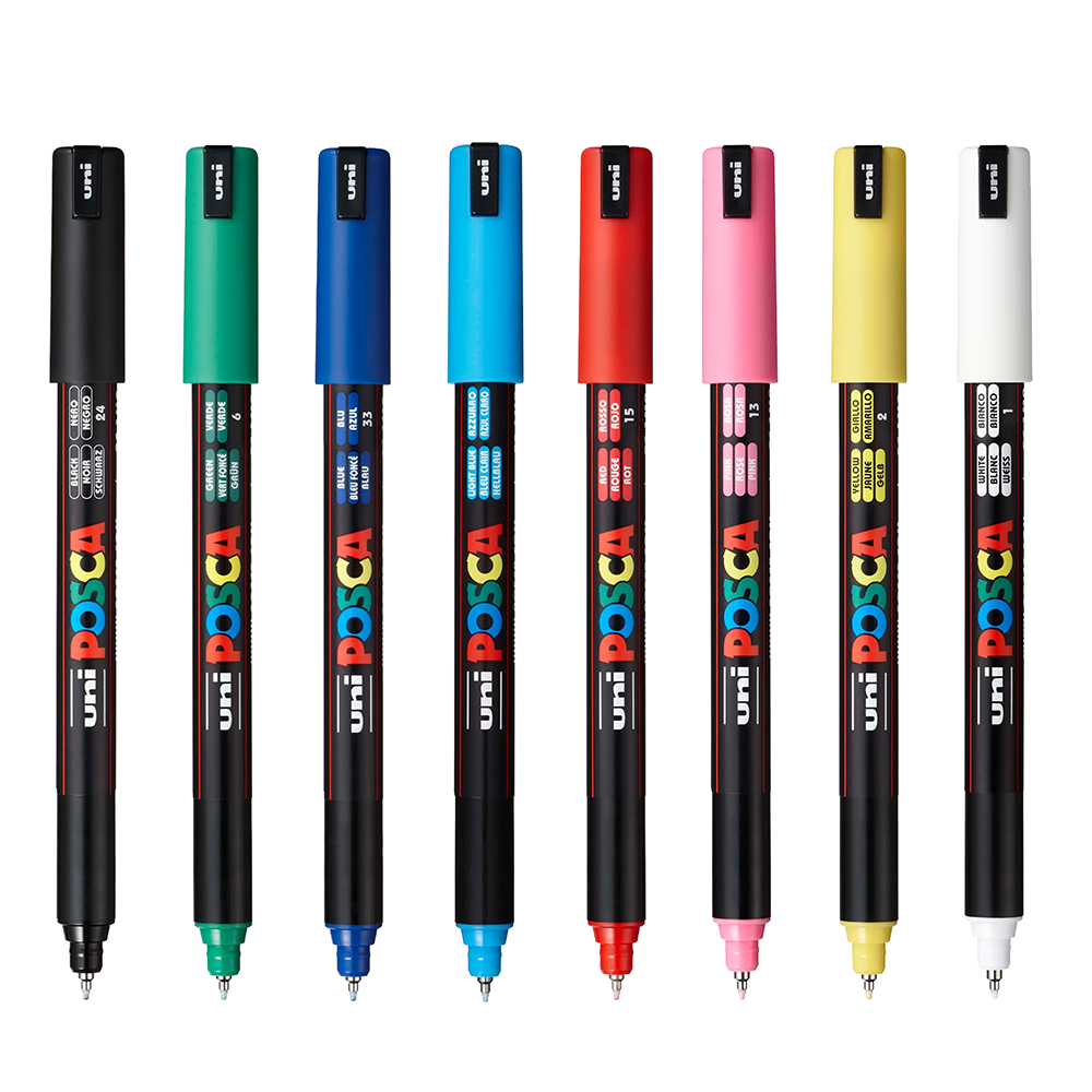 Uni Posca Paint Pen Set - Ultra Fine Tip - Basic Colors This ultra fine tip paint pen set will write on any surface and is removable on non-porous surfaces. This set includes Black, Blue, Green, Light Blue, Pink, Red, White, and Yellow with a 0.7 mm X-Fine tip. It is perfect for detailed small work where accuracy is needed. It is fade and water resistant.