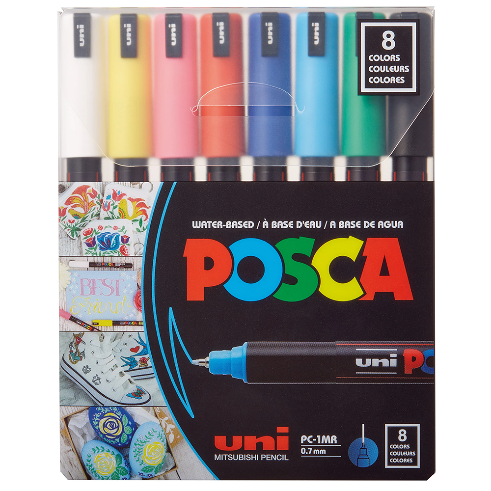 Uni Posca Paint Pen Set - Ultra Fine Tip - Basic Colors This ultra fine tip paint pen set will write on any surface and is removable on non-porous surfaces. This set includes Black, Blue, Green, Light Blue, Pink, Red, White, and Yellow with a 0.7 mm X-Fine tip. It is perfect for detailed small work where accuracy is needed. It is fade and water resistant.