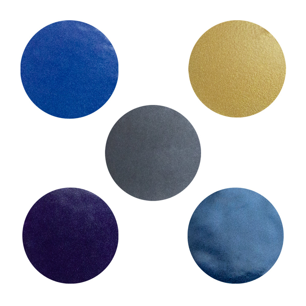 sample of Powder Coating - Metallic Set of 5:Ultra Black Chrome, Misty Midnight, Dusted Purple, Goldtastic, Crystal Blue