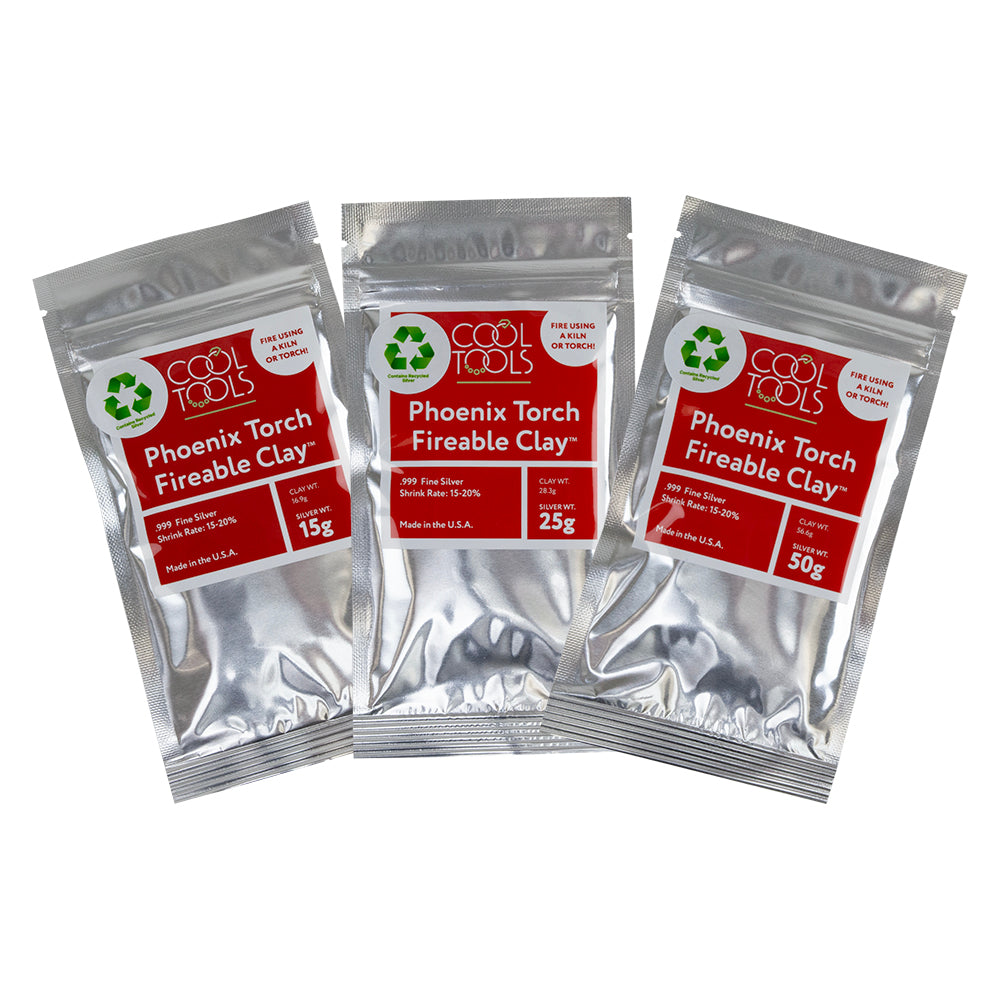 packages of Phoenix Torch Fireable Clay™ - Fine Silver 15g, 25g, 50g