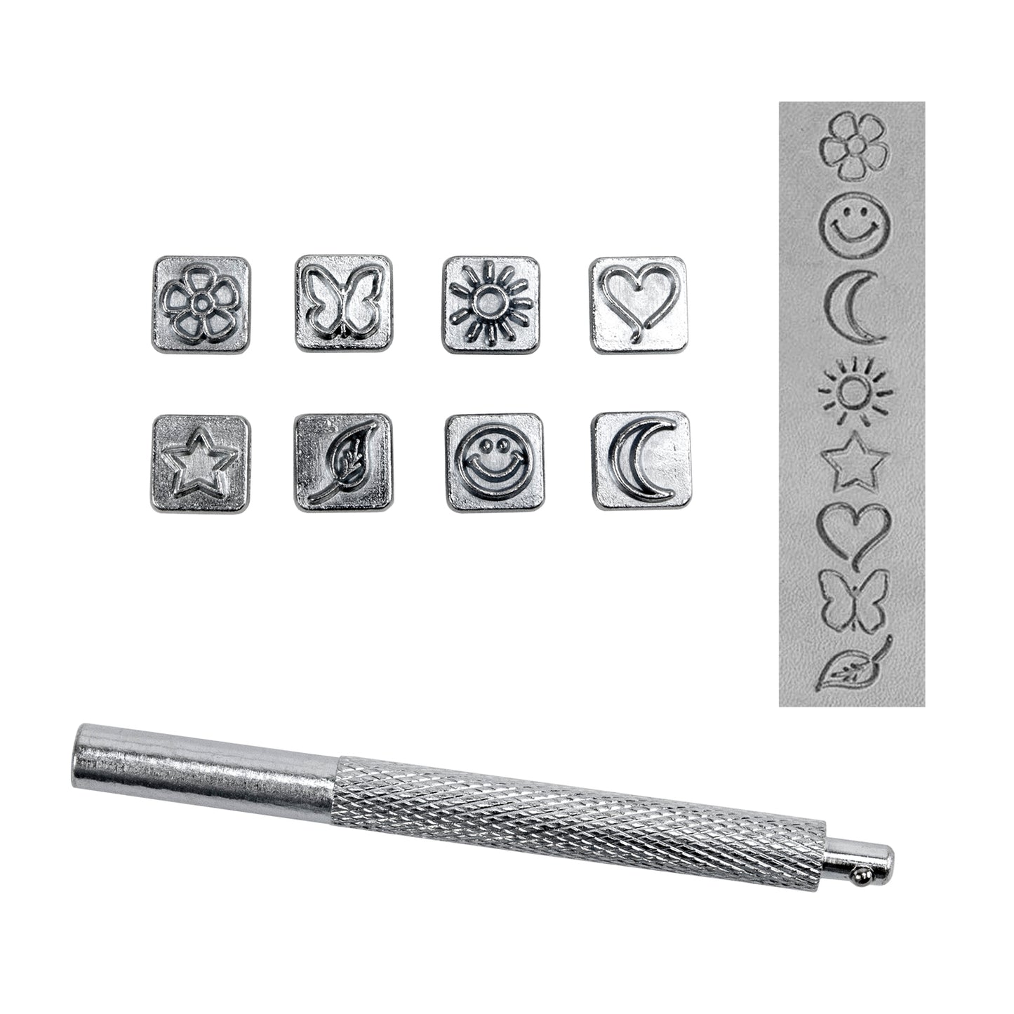 Mini Stamp Set - Funtime

While designed for leather stamping, these work great for metal clay.

These stamp sets are popular and fun designs for personalizing your projects. Each set includes 8 quality stamping tool heads and 1 handle. All stamping heads are 10mm square and stamping handle is 3-1/2" long. Heads are easily interchangeable for quick changes between designs.