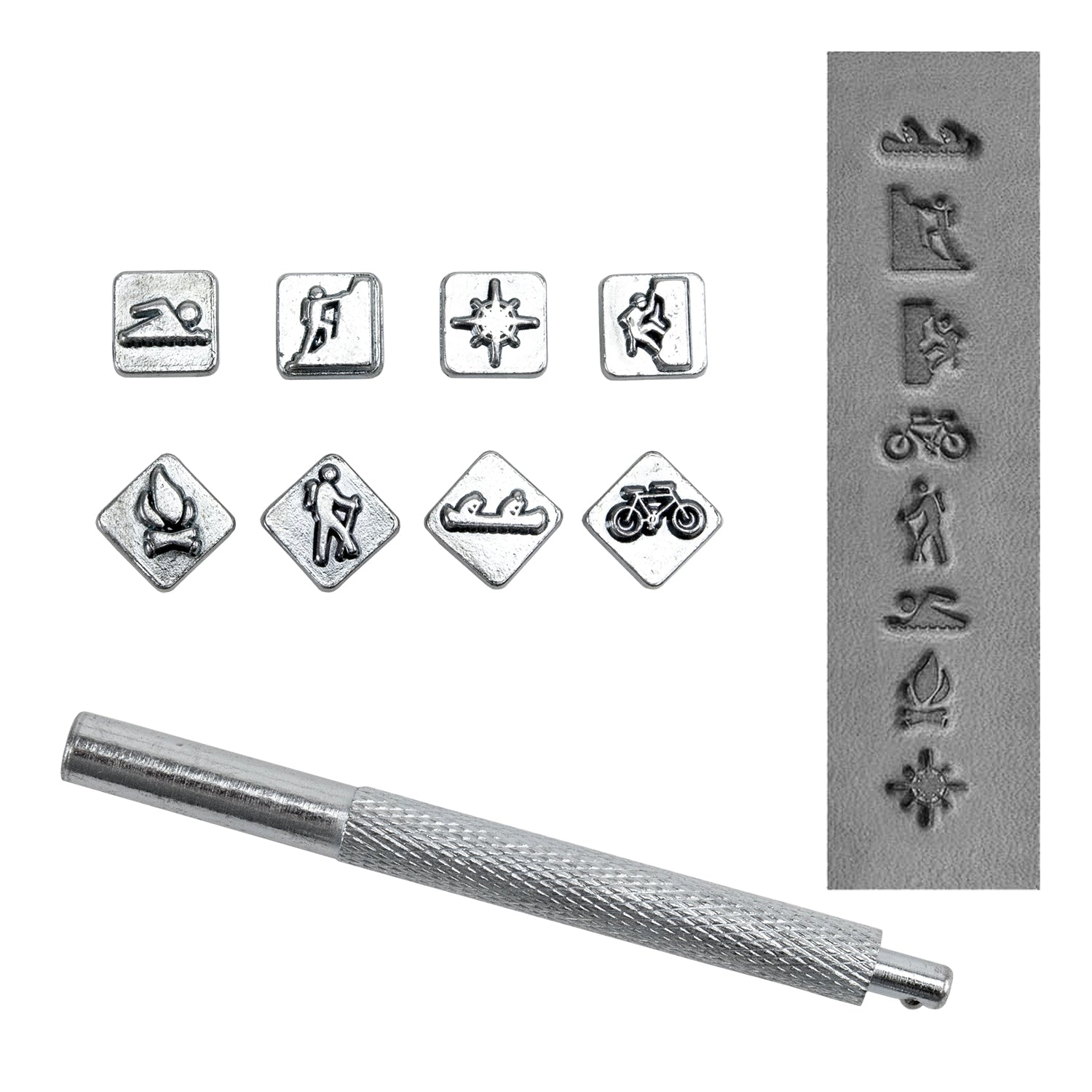 Mini Stamp Set - Adventure

While designed for leather stamping, these work great for metal clay.

These stamp sets are popular and fun designs for personalizing your projects. Each set includes 8 quality stamping tool heads and 1 handle. All stamping heads are 10mm square and stamping handle is 3-1/2" long. Heads are easily interchangeable for quick changes between designs.