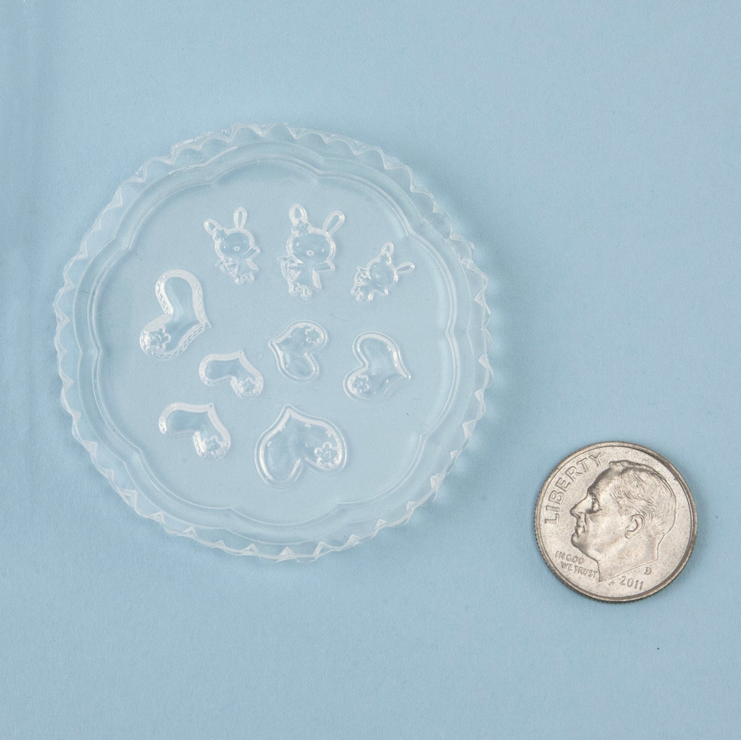 Mini Silicone Jewelry Mold - Bunnies & Hearts with dime