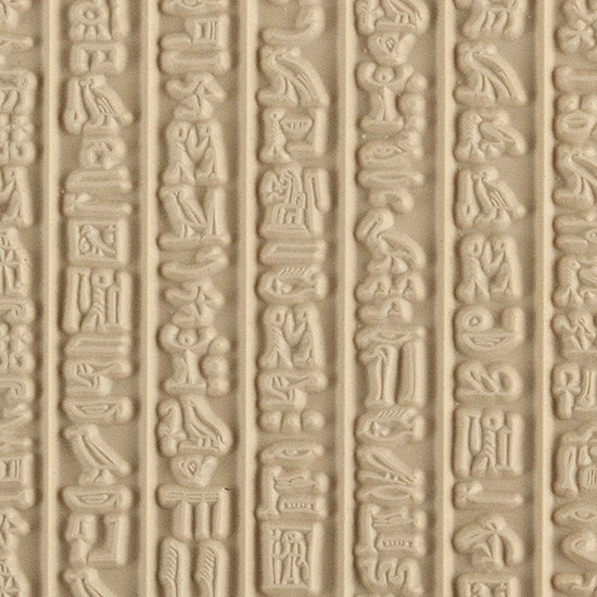 Rollable Texture Tile - Hieroglyphics. Rollable Texture Tiles measure 4" x 5-1/2" overall and have a textured area of 2-3/8" x 4-7/8"; perfect for larger projects. Each texture has a shoulder that allows one of our Clay Thickness Rolling Frames to sit directly on the texture for rolling. Rollable Texture Tiles are flexible, washable and can be used with any soft clay. Spritz with CoolSlip or dust on Dry Powder Release for stick-free impressions when using metal clay and polymer clay.