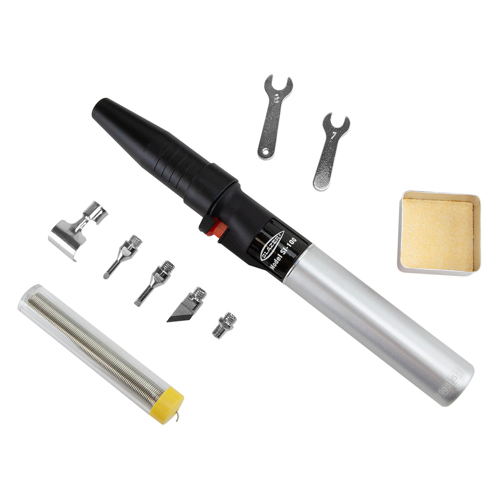 Excalibur Soldering, Hot Air and Torch Kit Sturdy and Compact Tool case holds it all Interchangeable tips, 5 in total Tube of 60/40 Coiled Silver Solder Tip Cleaning Sponge 2500ºF Flame Easy start ignition switch