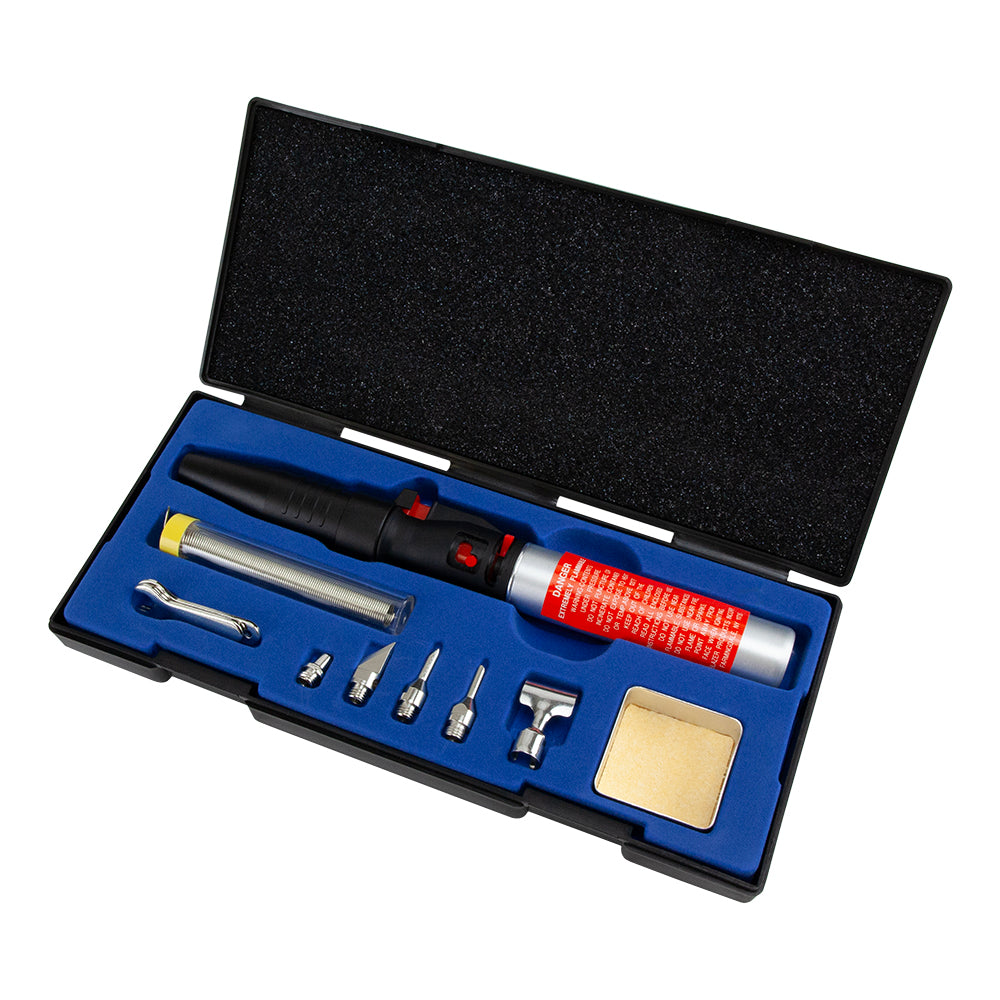 Excalibur Soldering, Hot Air and Torch Kit in case Sturdy and Compact Tool case holds it all Interchangeable tips, 5 in total Tube of 60/40 Coiled Silver Solder Tip Cleaning Sponge 2500ºF Flame Easy start ignition switch 