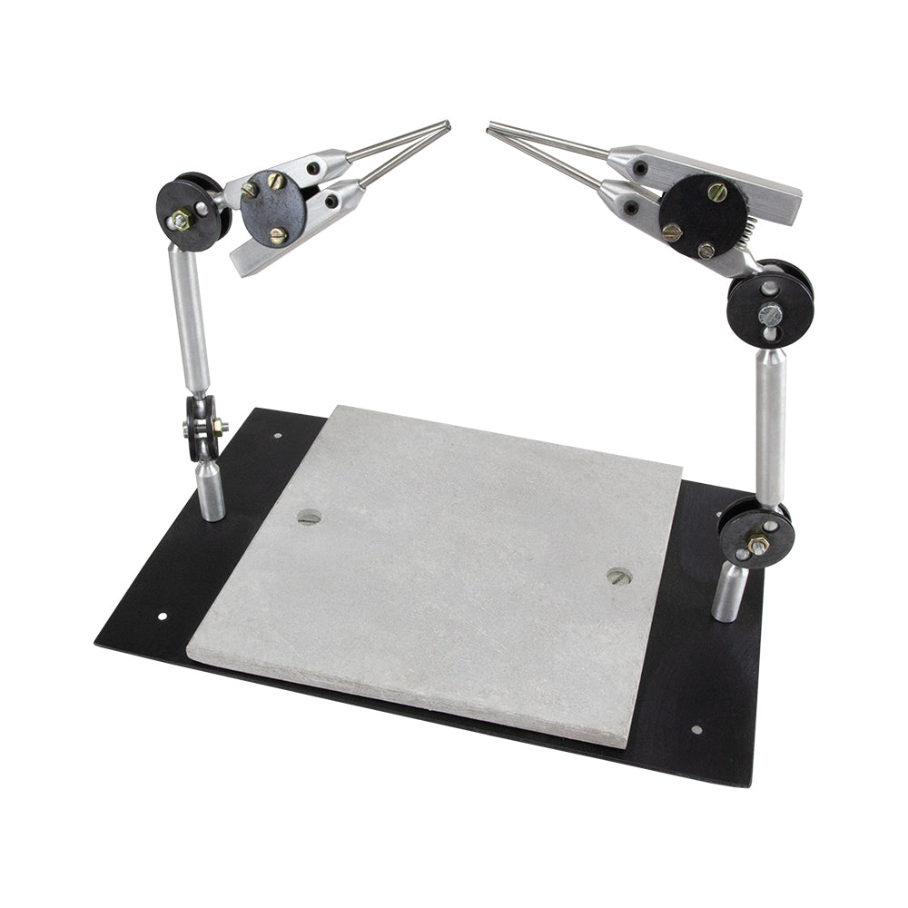 double third hand station with soldering boardDouble Third Hand Station Third Hand Soldering Station includes a 6 inch x 6 inch grey Transite board for high heat tolerance. Handles up to 2732°F / 1500° C. Enables user to have both hands free while working. 