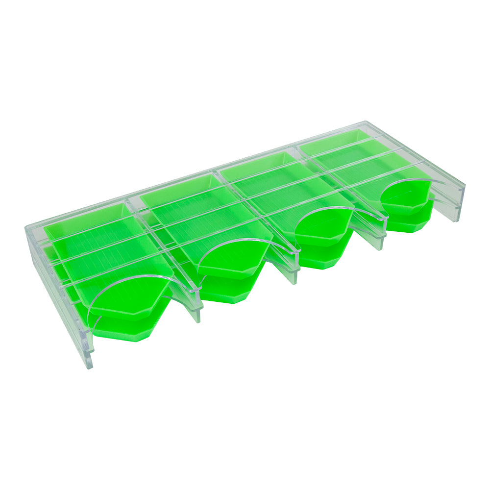 green and clear plastic Desktop Tray Organizer Use this organizer to keep all the little pieces that you are using close at hand. Use for tiny gems, findings, drill bits, beads, or anything that you don't want to lose on your desktop. This organizer includes 8 little trays that can be removed for your convenience.