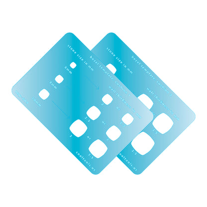 Bezel Template Set - Cushion Two blue plastic templates with measurement markings on a white background
