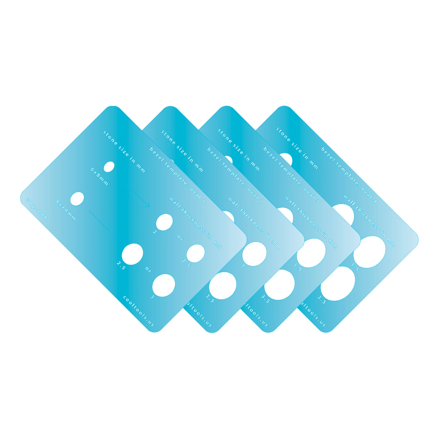 plasric Bezel Template Set - Oval Four blue plastic templates with oval cutouts on a white background
