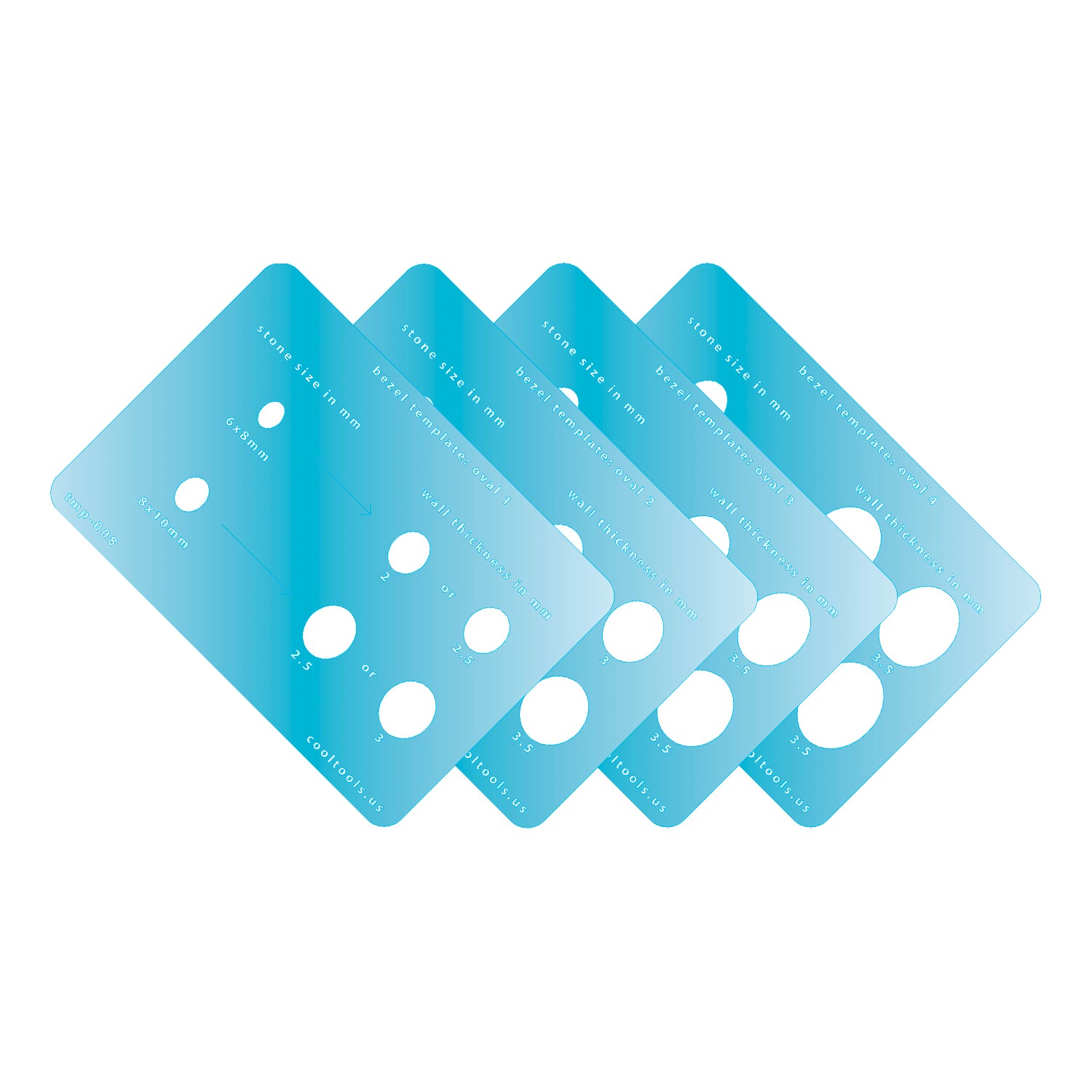 plasric Bezel Template Set - Oval Four blue plastic templates with oval cutouts on a white background