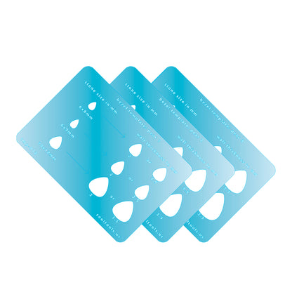 plastic Bezel Template Set - Pear Three blue stencils with white cutouts on a white background
