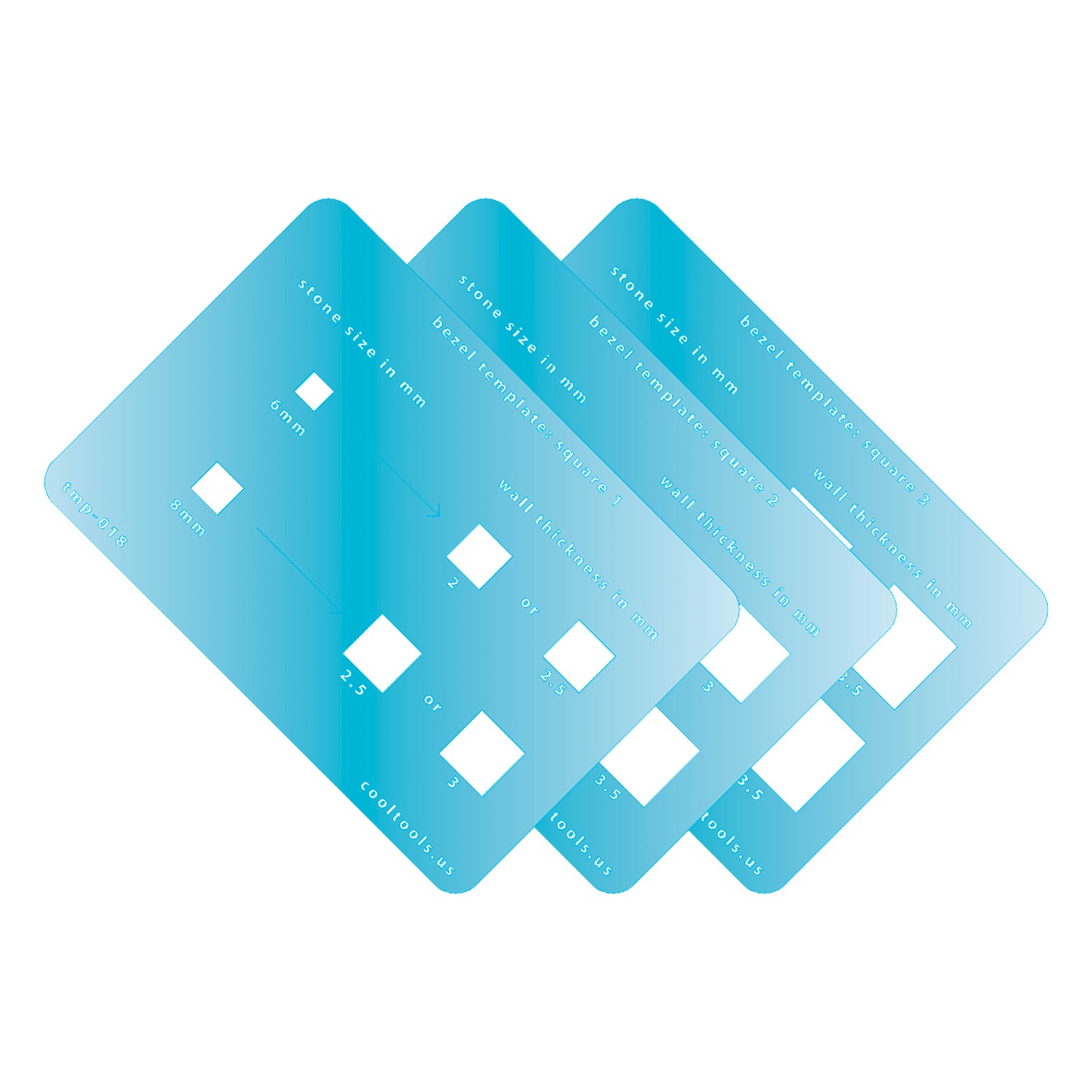 Bezel Template Set - Square Three blue plastic templates with measurement markings on a white background