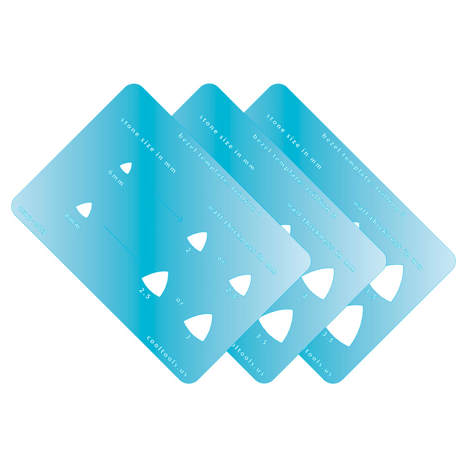 plastic Bezel Template Set - Trillion set of blue stencils with measurements on a white background