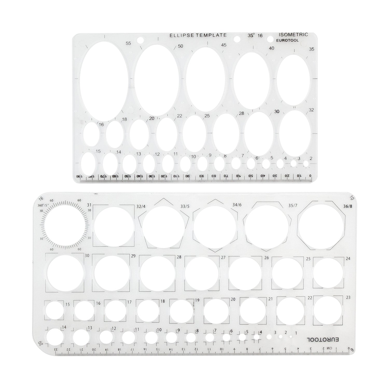 clear plastic Circle and Oval Template Set

Two piece template set has 36 circles from 1mm to 36mm and 27 ovals from 2mm to 50mm. Ideal for metal working and other jewelry making applications. 36 circles: 1mm-36mm; 27 ovals: 2mm-50mm