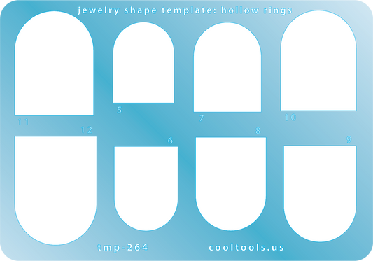 Blue plastic Jewelry Shape Template - Hollow Rings Our special surface makes it easy to find these templates on your workbench, but allows clarity for positioning.  This template, along with the Ring Sizes template and the Ring Shank Template is all you will need to create hollow rings quickly and easily. Start with the Hollow Ring Template by cutting out the side pieces and the ring size. Once these pieces are dry, cut the ring shank and paste the pieces together with glue or water.