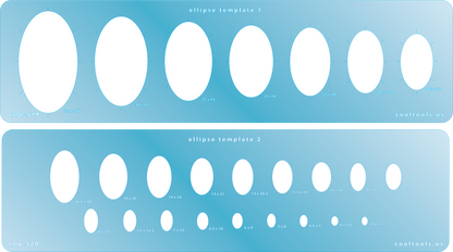 Blue plastic Jewelry Shape Template - Ellipse - Set of 2 2 ellipse shape templates. Ellipse template 1: 8 ellipse shapes. Sizes are from 18.5mm x 32mm to 33.5mm x 58mm. Ellipse template 2: 18 ellipse shapes. Sizes are from 3.5mm x 5mm to 16.5mm x 30mm Our special surface makes it easy to find these templates on your workbench, but allows clarity for positioning.
